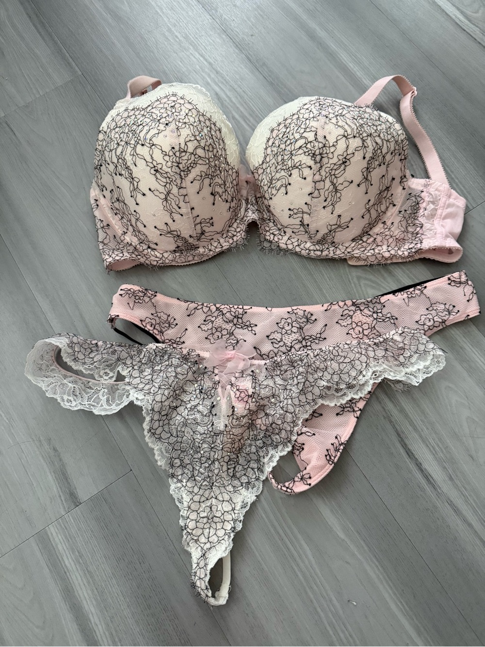 Victoria's Secret Pink Lace Bra and Thong Set with Black Floral Embroidery